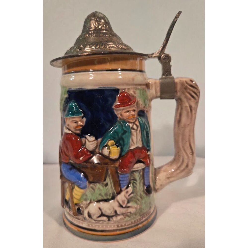 Vintage Lidded Beer Stein Japan Bavarian Tavern Scene Pewter Lid